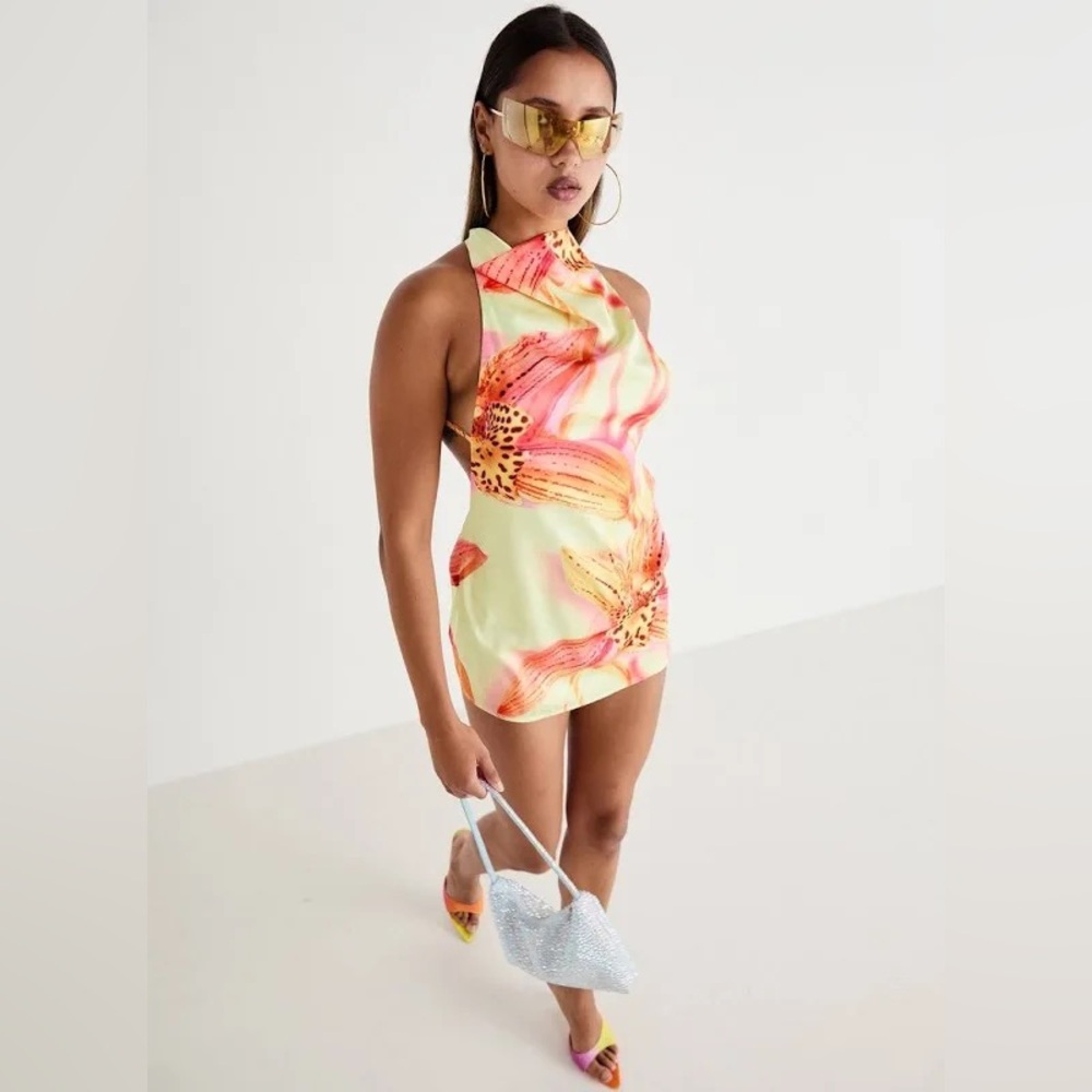 Jaded London Floral Satin Mini Dress in Red, Pink and Yellow - Picture 10 of 11